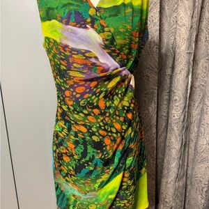Vibrant Green Abstract Print Twist-Waist Dress
